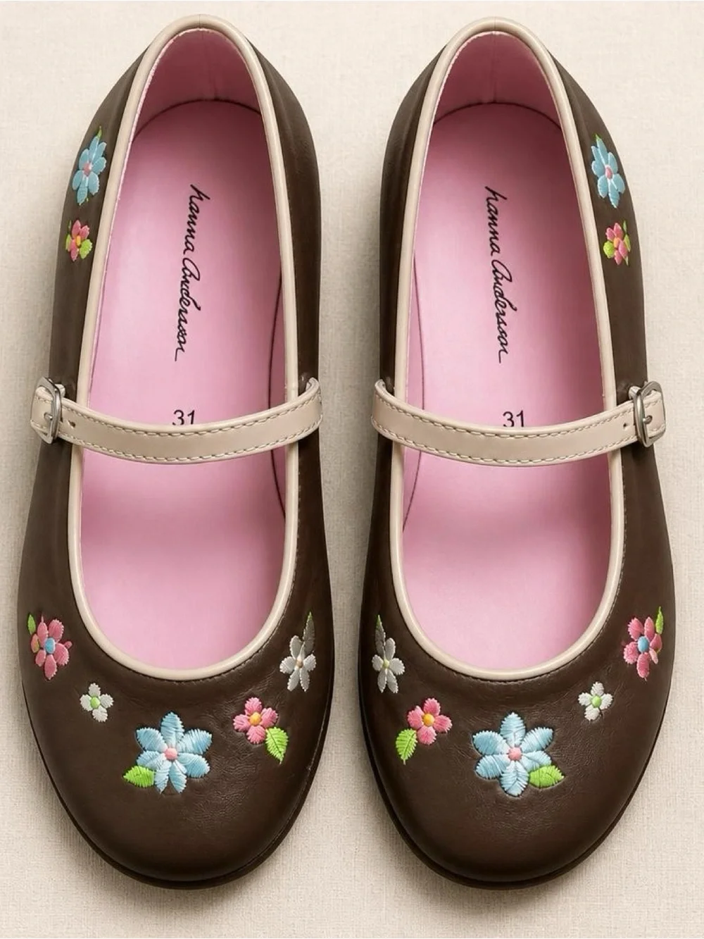 Hanna Andersson Girls Brown Floral Embroidered Mary Jane Flats EU 31 US 13 Shoes